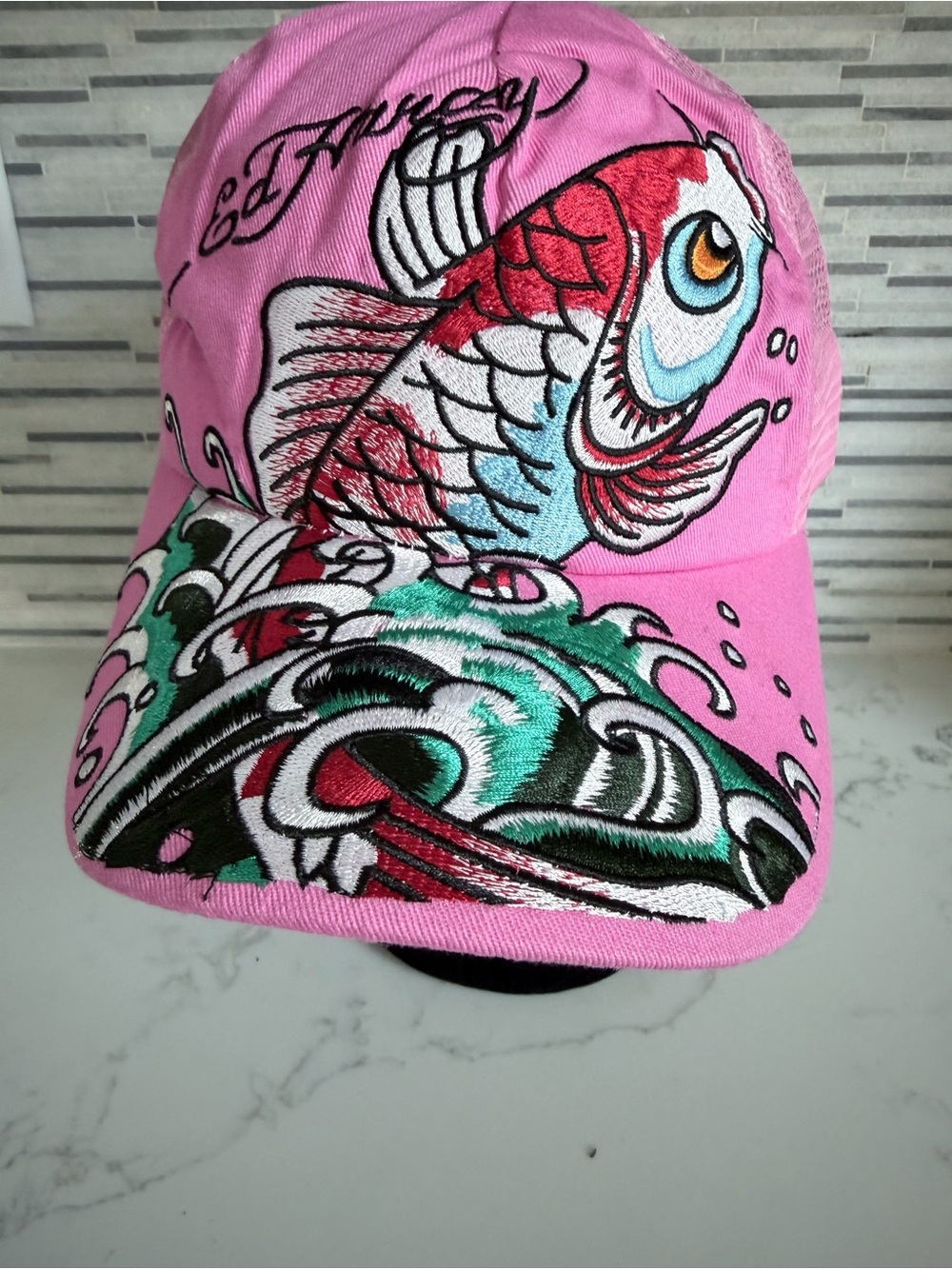 Vintage Ed Hardy Pink Koi Fish Embroidered Cap with Teal Wave Accents - Picture 2 of 7